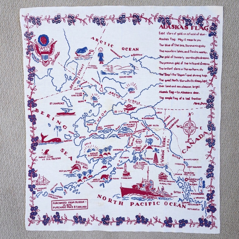 Vintage‎ 1940s 1950s Alaska Map Souvenir Table Cloth 37" x 32" Marie Drake Poem